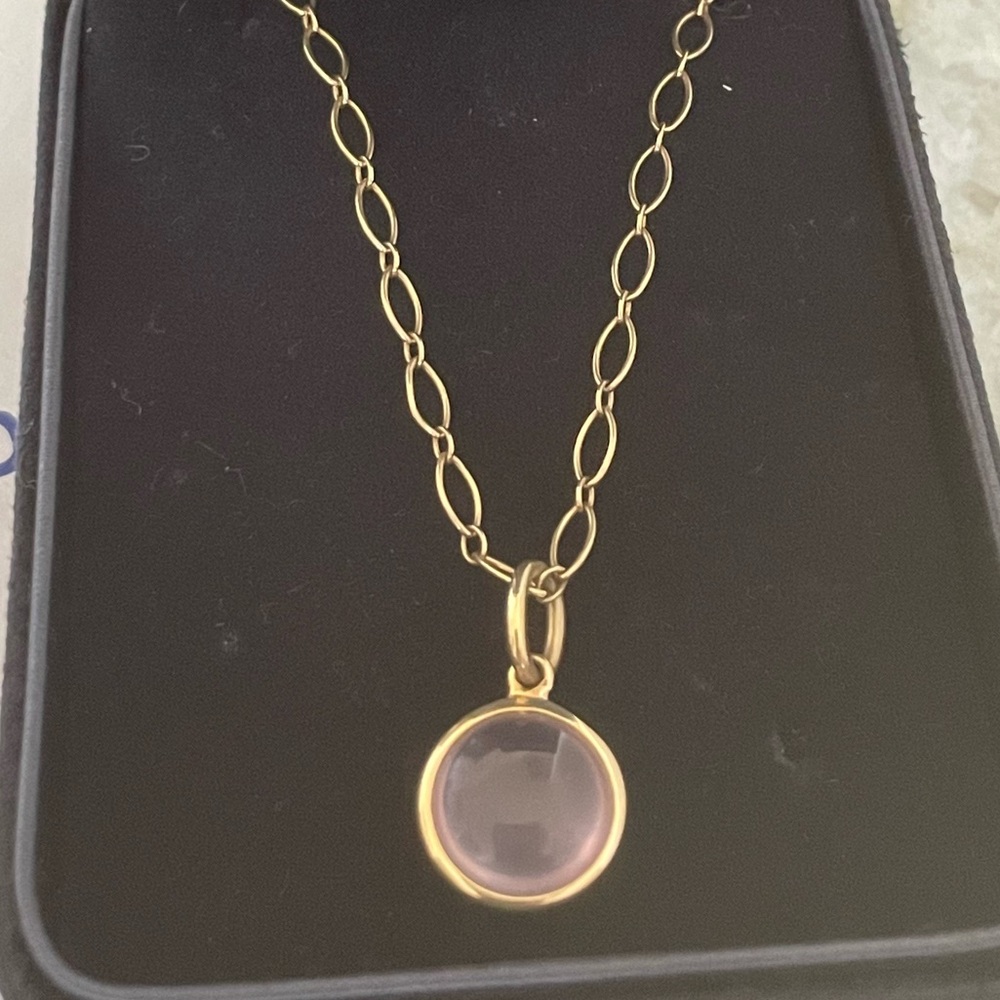 T & Co. Paloma Picasso Rose Quarts Dot Charm with 18 inch YG oval link chain